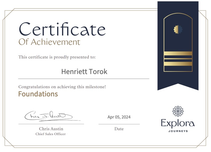 Explora Journeys Foundations Certificate awarded to Henriett Torok