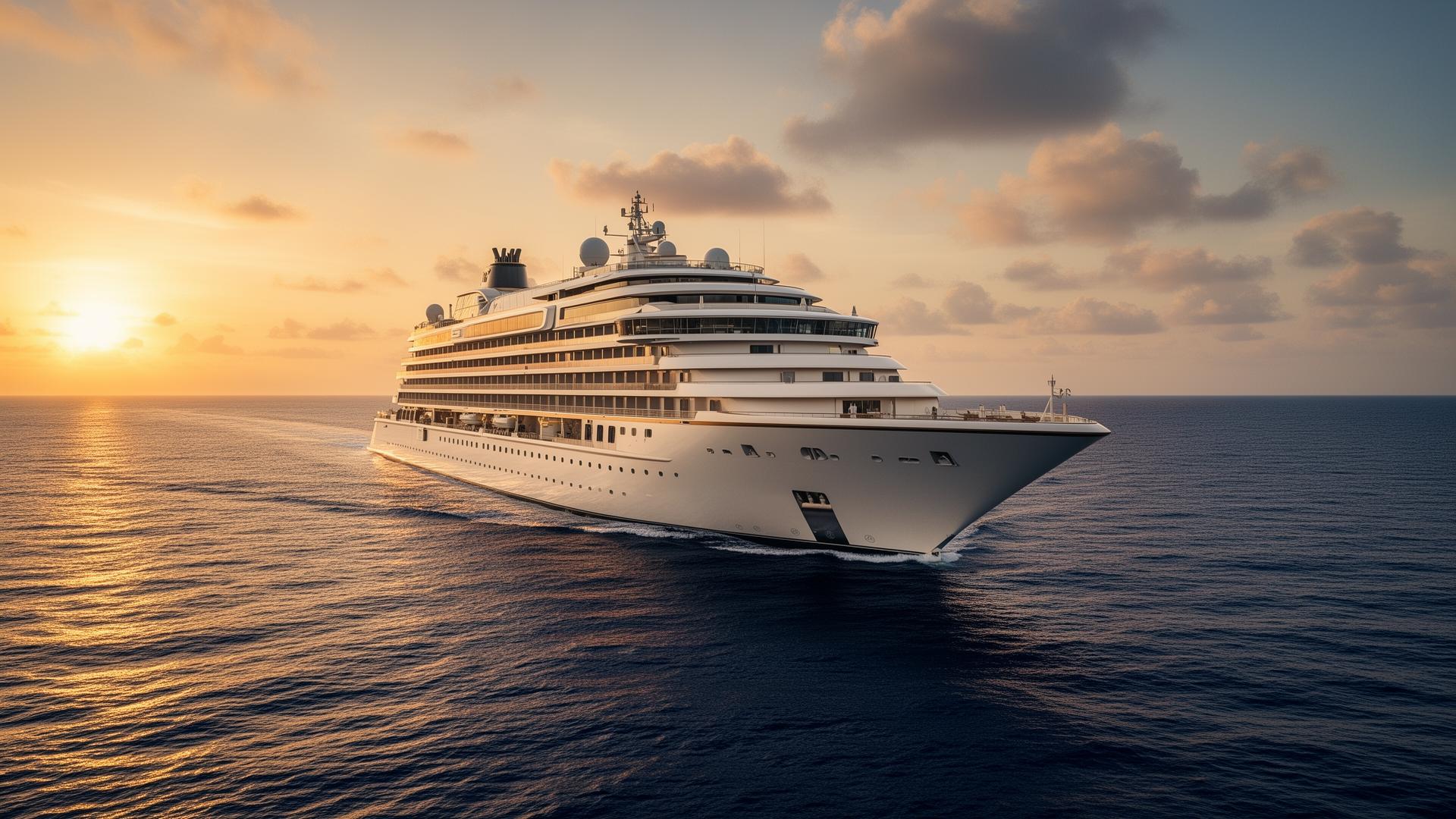 Luxury cruise ship sailing at golden hour